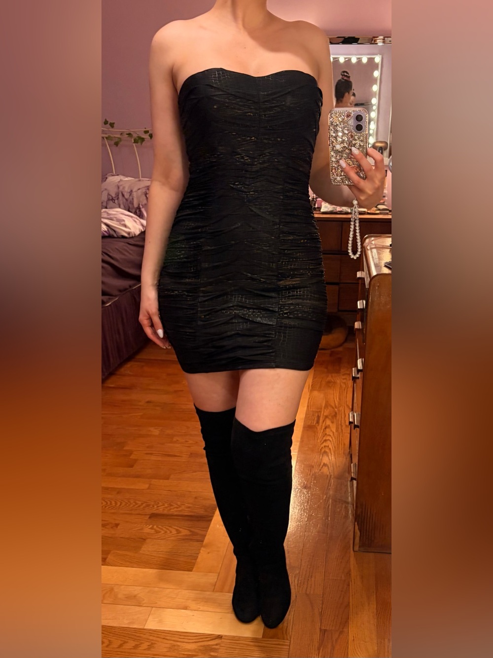 Black Strapless Ruched Mini Dress with Gold Detailing